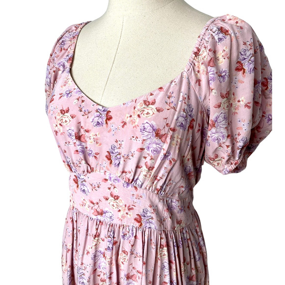 LoveShackFancy 6 Angie $595 SILK Milkmaid Midi Dress Puff Shoulder Floral Pink - Picture 7 of 15
